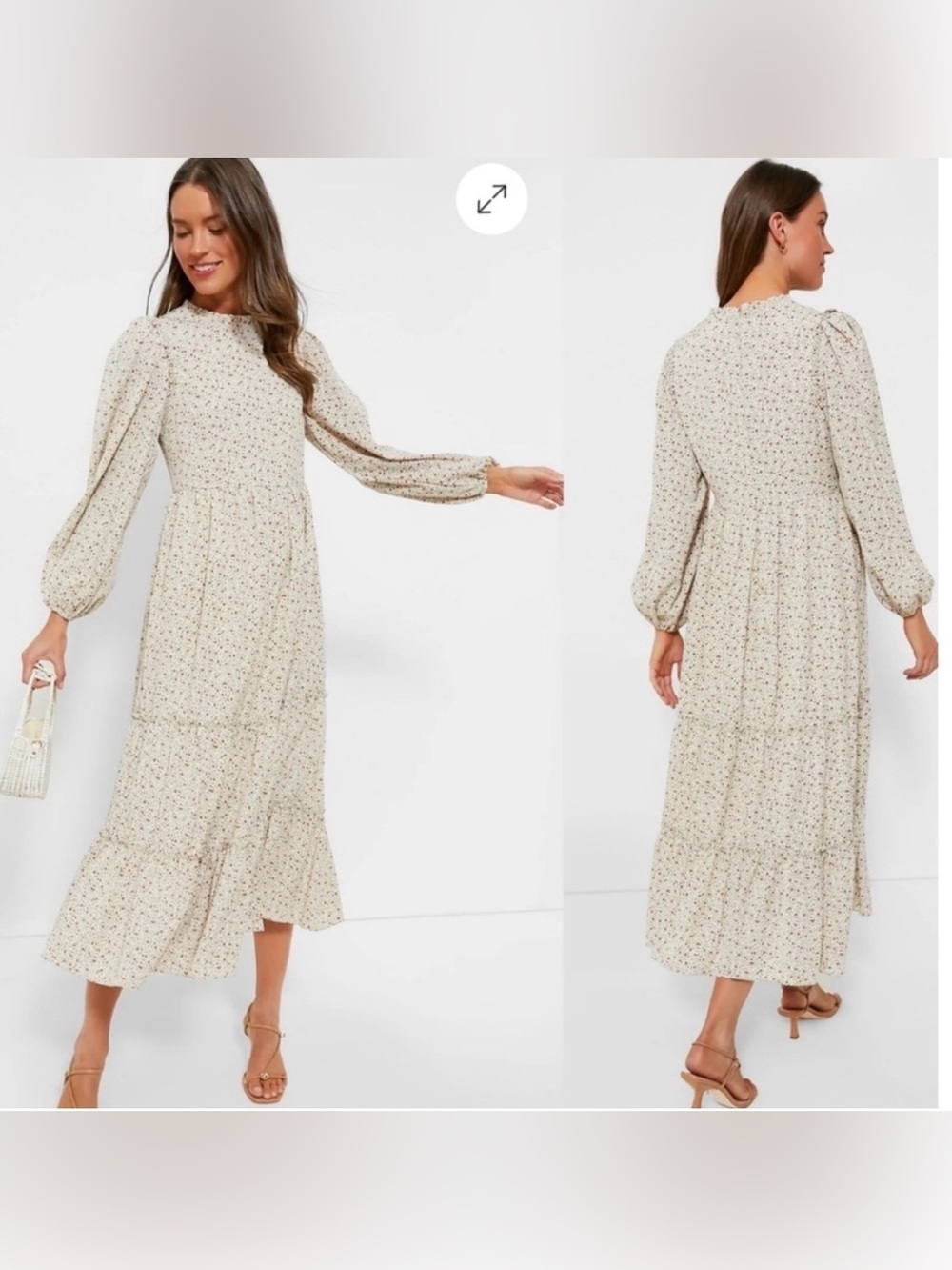 Tuckernuck Hyacinth House Cream Floral Puff-Sleeve Tiered Midi “Jessie” Dress